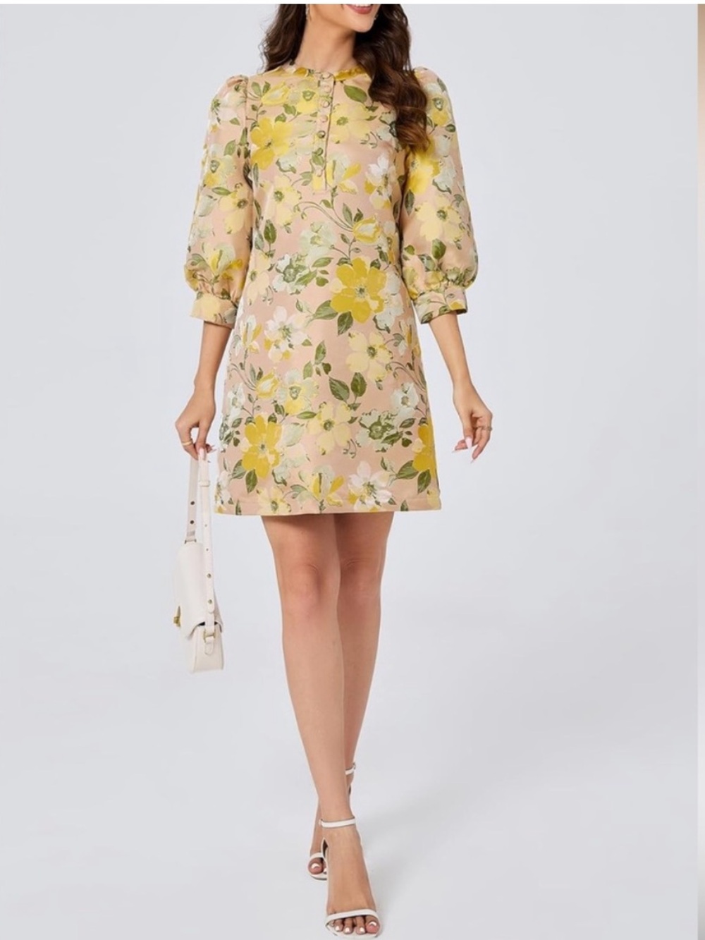 Yellow Floral Puff Sleeve Shift Dress